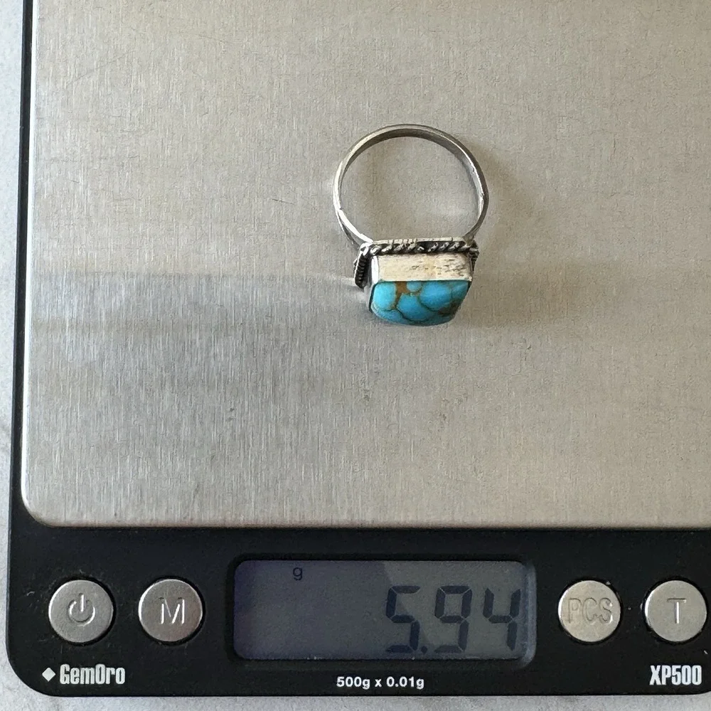 Navajo Turquoise Ring Sz 9 Signed W‎ Fish Sterling Native American Square